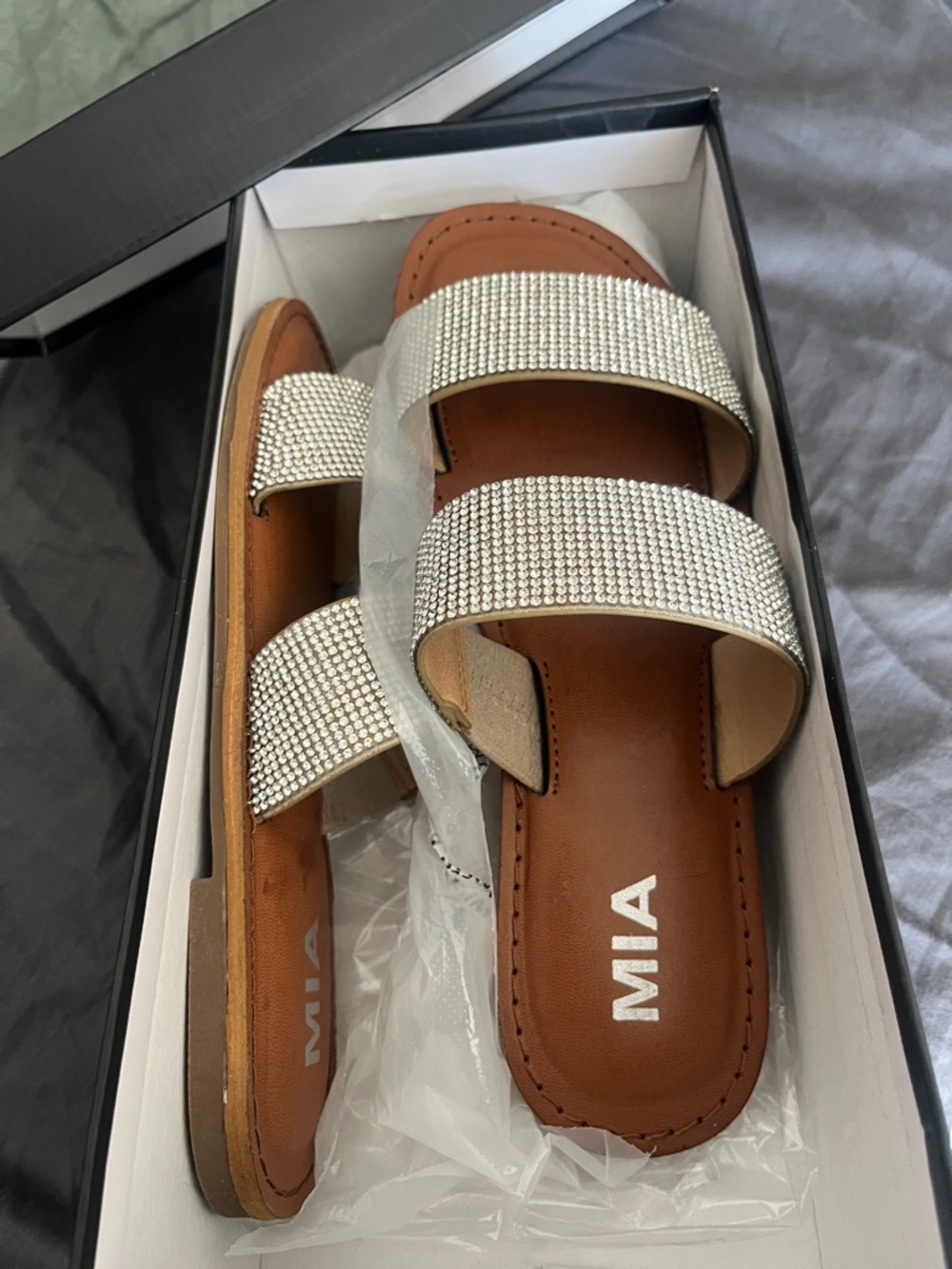 MIA Silver Rhinestone Double-Strap Slide Sandals